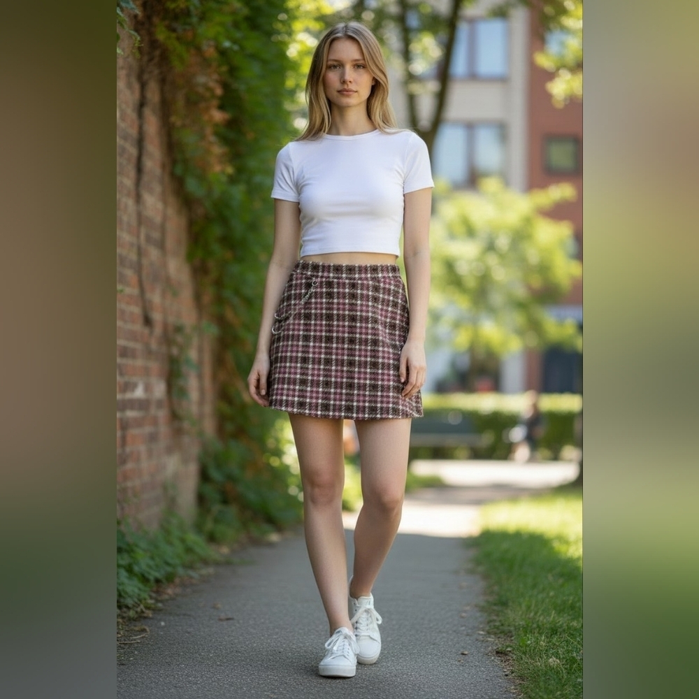 Plaid Circle Skirt with Chain Accent in Pink and Brown Preppy Academia - Picture 2 of 12